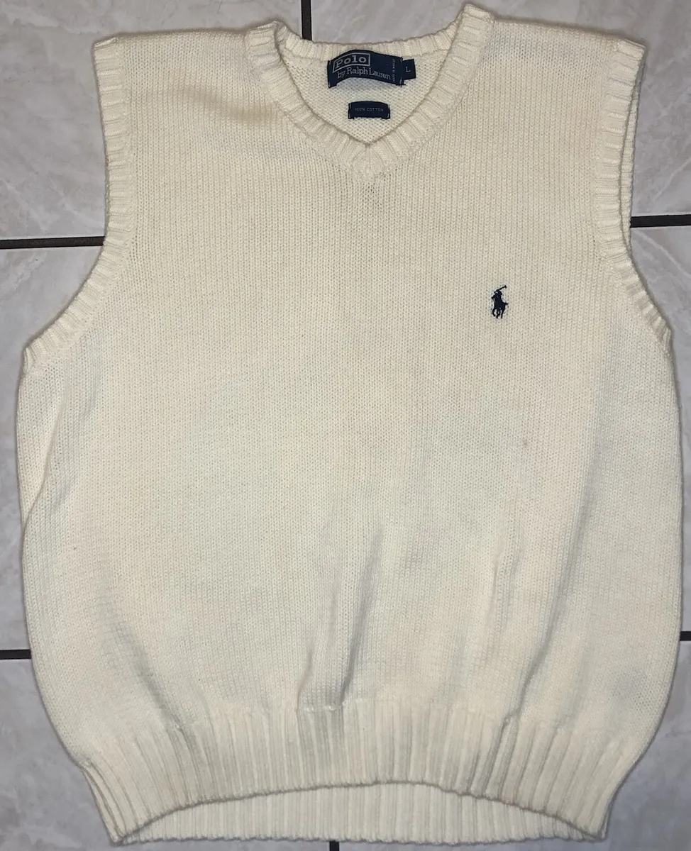 Polo Ralph Lauren Knitted Sweater Vest Mens L V-Neck Cream Pullover 100%  Cotton