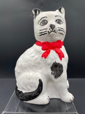 Black and White Concrete Plaster Cat Kitty Figurine Red Bow Tie Hand Painted Cat