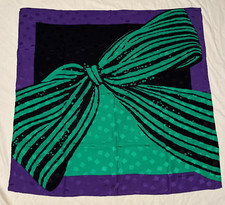 Vintage BALENCIAGA Paris Silk Scarf 34" x 34" Black Green Purple Bow READ