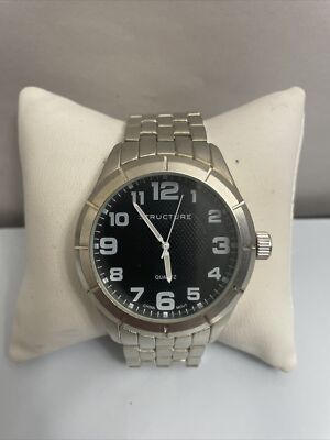MEN'S STRUCTURE ANALOG QUARTZ WATCH SILVER TONE BAND BLACK DIAL Tested New Batte