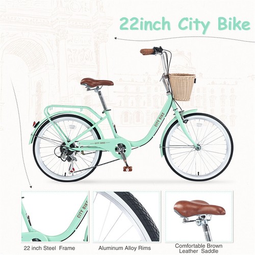 22in City Bike 7 Speed Steel Frame w/Basket Comfortable Ride Girls Bicycle-Green