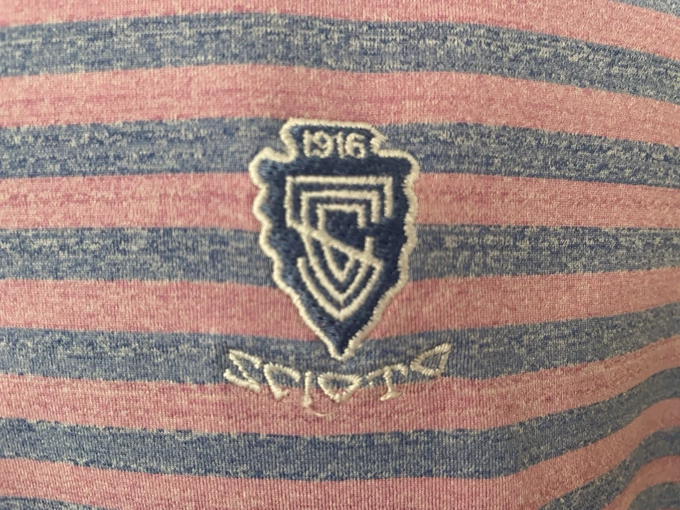 Polo de golf Peter Millar Summer Comfort rosa y azul a rayas Scioto Country Club talla L Foto 2 de 4