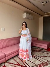 Designer Women's Soft Georgette White Ombre Floral Lehenga Choli Set Sequin