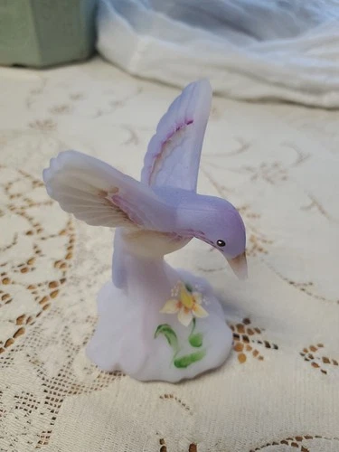 Fenton Lavender Satin Glass Hummingbird Hand Painted Flowers Signed 5066 RF