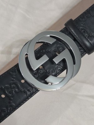 Authentic Gucci Black Leather Monogram Belt Silver GG Fits 36-38