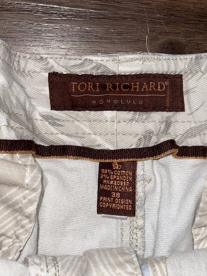 Pantalones Cortos Tori Richard Para Hombre 38 Beige Azul Hawaiano Aloha Estampado Tropical Elástico Foto 2 de 4
