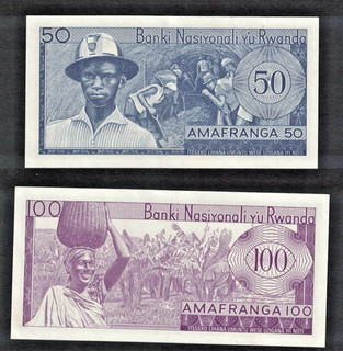 RWANDA / RUANDA 2 BANKFRISCHE BANKNOTEN 100 und 50 FRANCS VON 1971/74