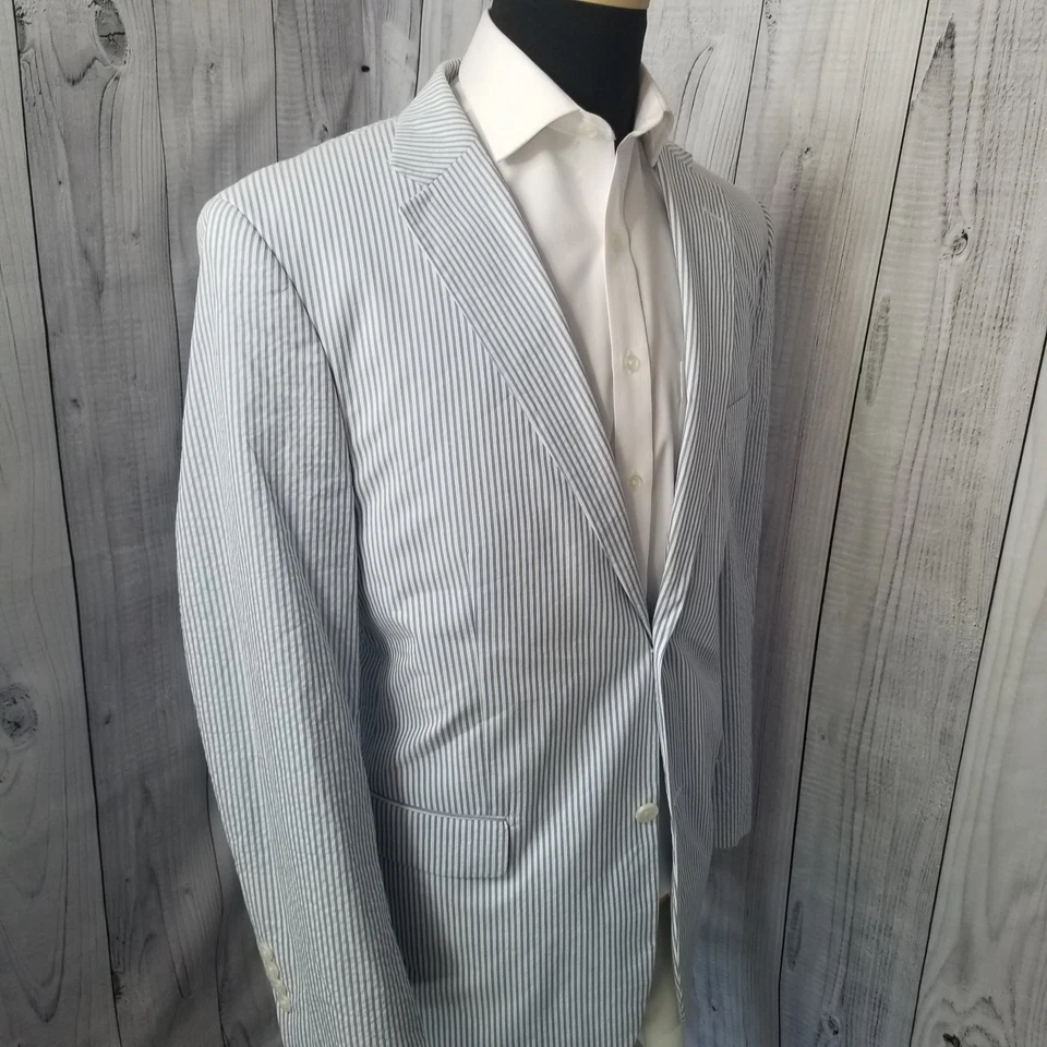 Paul Fredrick Seersucker Men's 46R 2 Piece Suit Blue Stripe 40" Flat Front Pants - Image 3 of 4