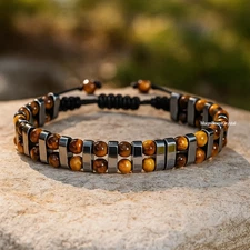 Premium Tiger’s Eye & Hematite Bracelet Genuine Stone Energy Men Jewelry Xmas