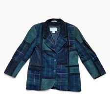 Brandon Thomas Patchwork Suede Leather Plaid Wool Blazer Jacket Green Navy 8P