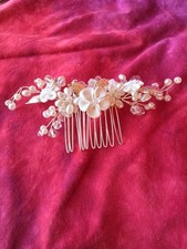 Bridal Hair Comb New Out Of Pkg Ceramic Flowers False Pearls Silver Leaves...5"