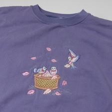 Vintage 90s Blue Birds Embroidered Basket Women's Sweatshirt Size Large Blue