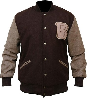 Men's Hotline Miami B Logo Bomber Varsity Letterman Brown Wool Baseball Jacket