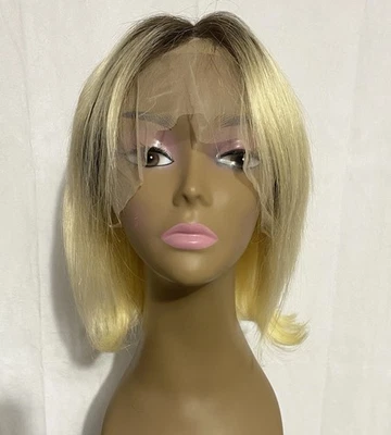 Peluca frontal de encaje 12 pulgadas rubia ombre 13x4 HD cabello humano bob pre-arrancado mediano grande - Imagen 1 de 4