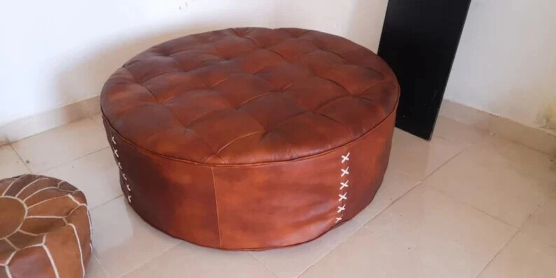 Leather Pouf Unstuffe Round Moroccan Footstool Boho Handcrafted Pouffe - Image 4 of 4