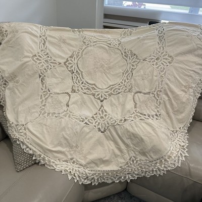 62x90  Antique Whitework Linen Lace Insertion Tablecloth Coverlet Edwardian