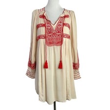Free People Womens Wind Willow Embroidered Mini Dress Sz Small Cream Red Boho