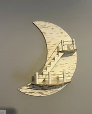 Vintage Wooden Cresent Moon Wall Shelf White Gold Accent Wire Railing