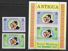 ANTIGUA ,1973 , WEDDING PRINCESS ANNE , S/S & SET OF 2 STAMPS PERF , MNH 