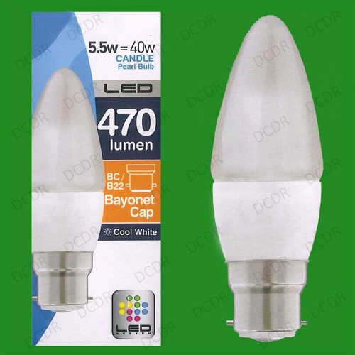 8x 5.5W (=40W) LED Pearl Candle Light Bulb, Cool White, 4000K, BC B22 Lamp