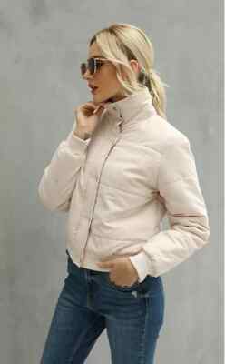 Bequeme Warme Damen Slim Daunenjacke Kurz Weich Beige Synthetik Reißverschluss Mode 1344