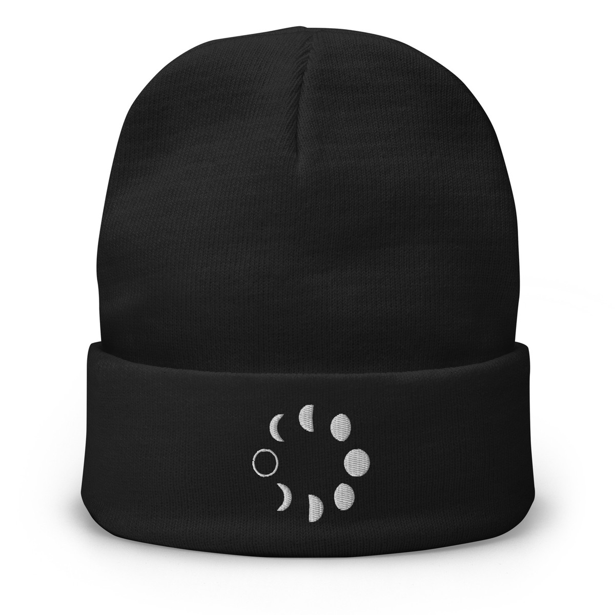 Black Moon Phase Embroidered Beanie - Moon Phases Cuffed Beanie | Stylish Embroidered Knit Hat main image 3