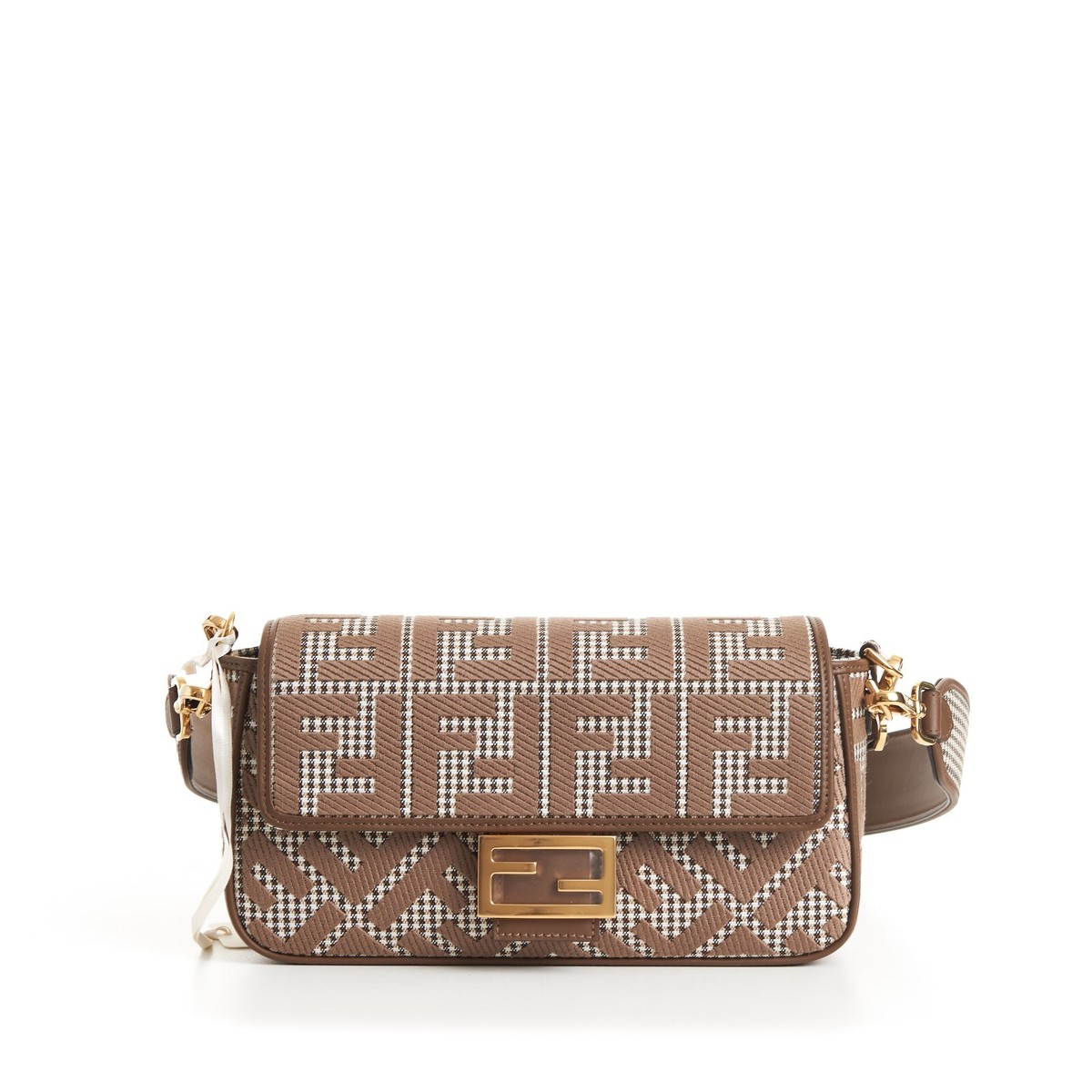 FENDI 3490$ Medium Baguette Brown Houndstooth Wool Bag With FF