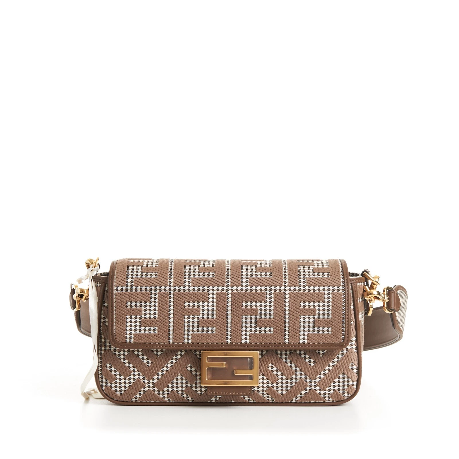 Fendi — FENDI 3490$ Medium Baguette - Brown Houndstooth Wool Bag With FF Embroidery