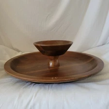 Vermillion Walnut Wood Serving Tray Bowl Chip And Dip 2 Tier Tidbit Nut Candy
