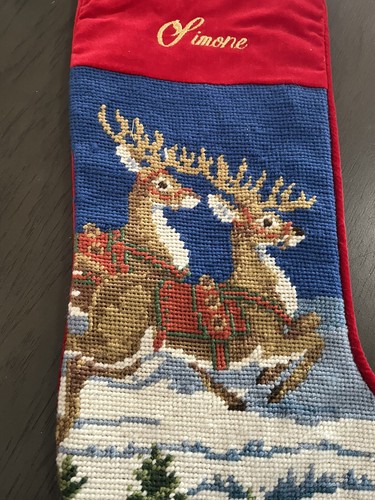 Vintage SIMONE Personalized Needlepoint Wool Christmas Stocking Reindeer 19” - Picture 3 of 10