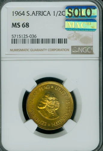 1964 SOUTH AFRICA 1/2 CENT CENTS NGC MS68 SOLO FINEST GRADE MAC SPOTLESS *