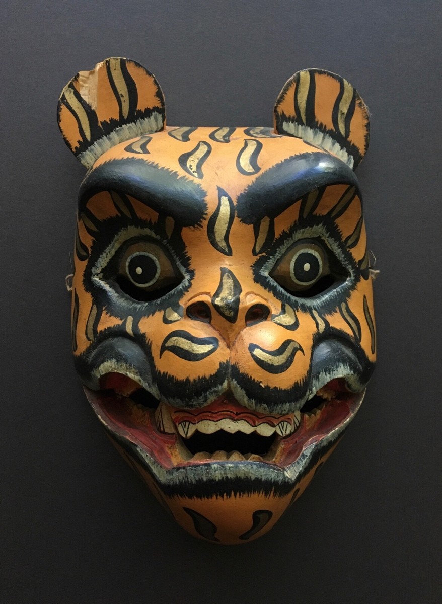 Hand Carved & Painted Wood Tiger Mask with Hinged Jaw | eBay