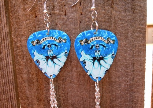 Icy Blue Mamacita Skeleton Guitar Pick Earrings with Dangles - Picture 4 of 4
