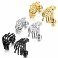 Cool Punk Gothic Skeleton Skull Hand Men Women Stainless Steel Ear Stud Earrings