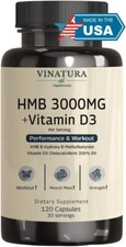 VINATURA HMB 3000mg + Vitamin D3 Capsules – 120ct | Muscle Recovery & Growth