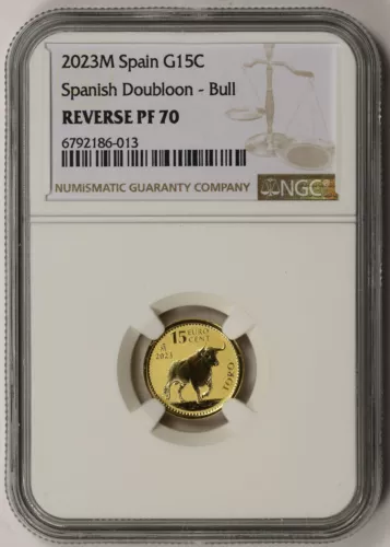 2023 M Spain Spanish Doubloon - Bull Gold 15 Euro Cent Reverse PF 70 NGC 1/10 oz