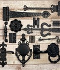 HEAVY DUTY HAND CAST IRON DOOR FURNITURE- BLACK FINISH- KNOCKER -HINGES-HANDLES