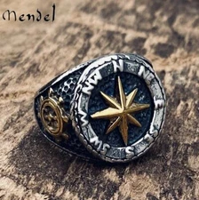 MENDEL Mens Gold Plated Nautical Biker North Star Anchor Ring Stainless Steel