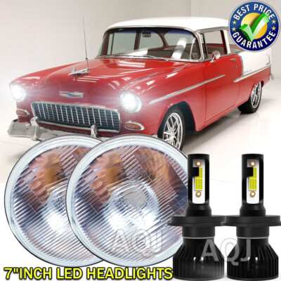 Pair 7'' Round LED Headlights Halo Angel Eyes For1955 1956 1957 Chevy Bel Air