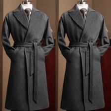 Grey Wool Men Long Overcoat with Belt Peak Lapel Winter Warm Formal Long Jacket