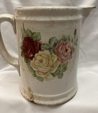 Antique Rose Pattern Floral Pitcher Glazed Stoneware, Visible Crazing, Repaired