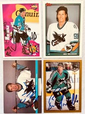 4 signed Sharks cards Mike Rathje Bernie Nicholls Kelly Kisio Neil Wilkinson COA