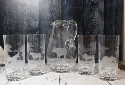 Kenyan-African Queen Lace Buffalo Pitcher & 4 High Ball 5.5'' Tumblers Lion Rhino