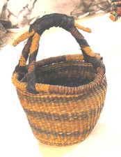 Vintage African  Bolga Ghana Market Basket Hand Woven Leather Wrap Handle