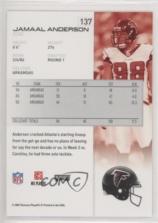 2007 Playoff NFL Playoffs Rookie Red Proof Jamaal Anderson #137 - Image 2 of 2