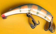 Vintage Lazy Ike-2 Fishing Lure Curved Crankbait Green Orange Perch Pattern