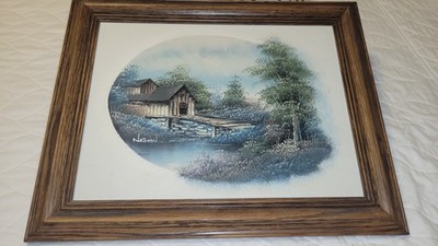 Vintage Original Oil Painting River, Barn & Covered Bridge Signed Nathan w/Frame