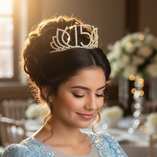 Quincea era 15th Birthday Gold Sparkling Crystal Tiara Crown w Hair Combs NOB