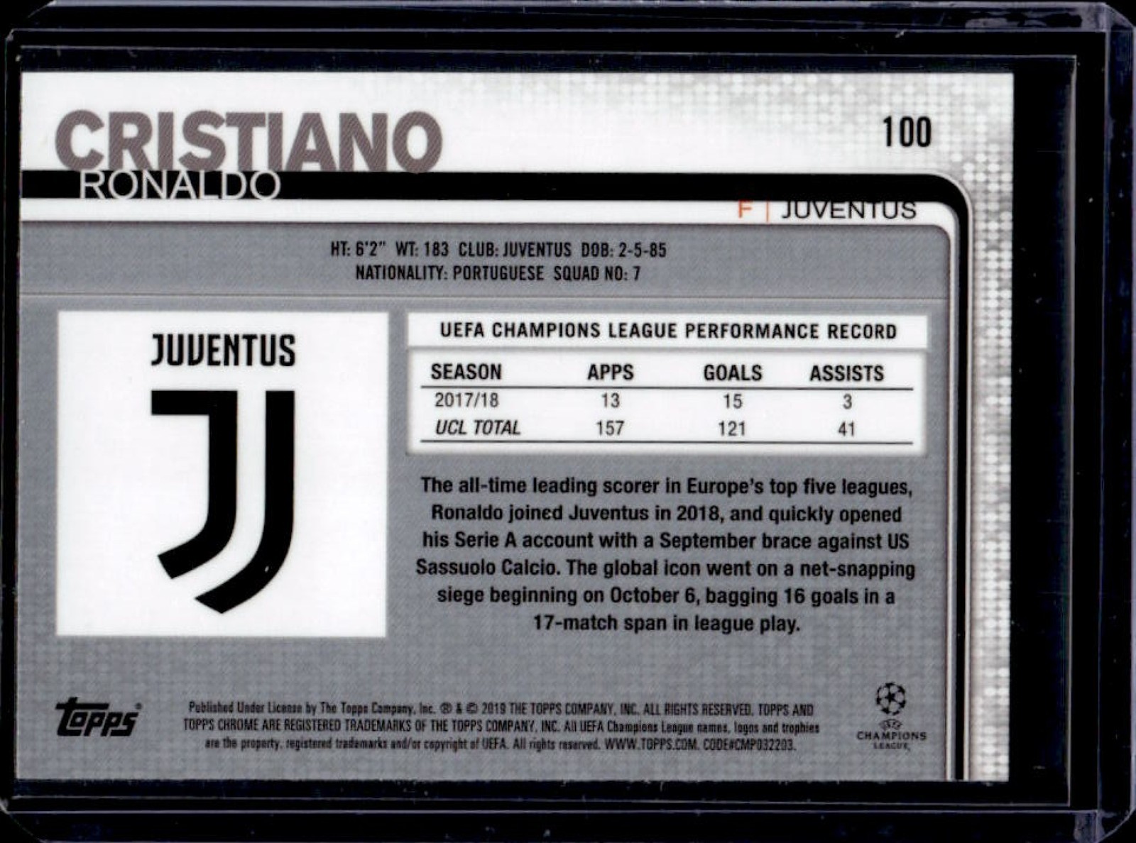 2018 Topps Chrome UEFA Cristiano Ronaldo #100 Juventus view 2