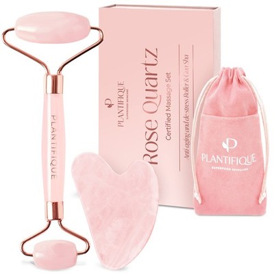 PLANTIFIQUE Face Roller and Gua Sha Rose Quartz Certified | 3-piece Set, 
